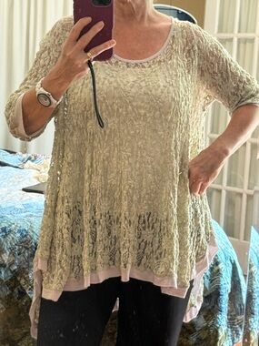 Light Olive Surrealist Crochet Lace Layered Women's Top